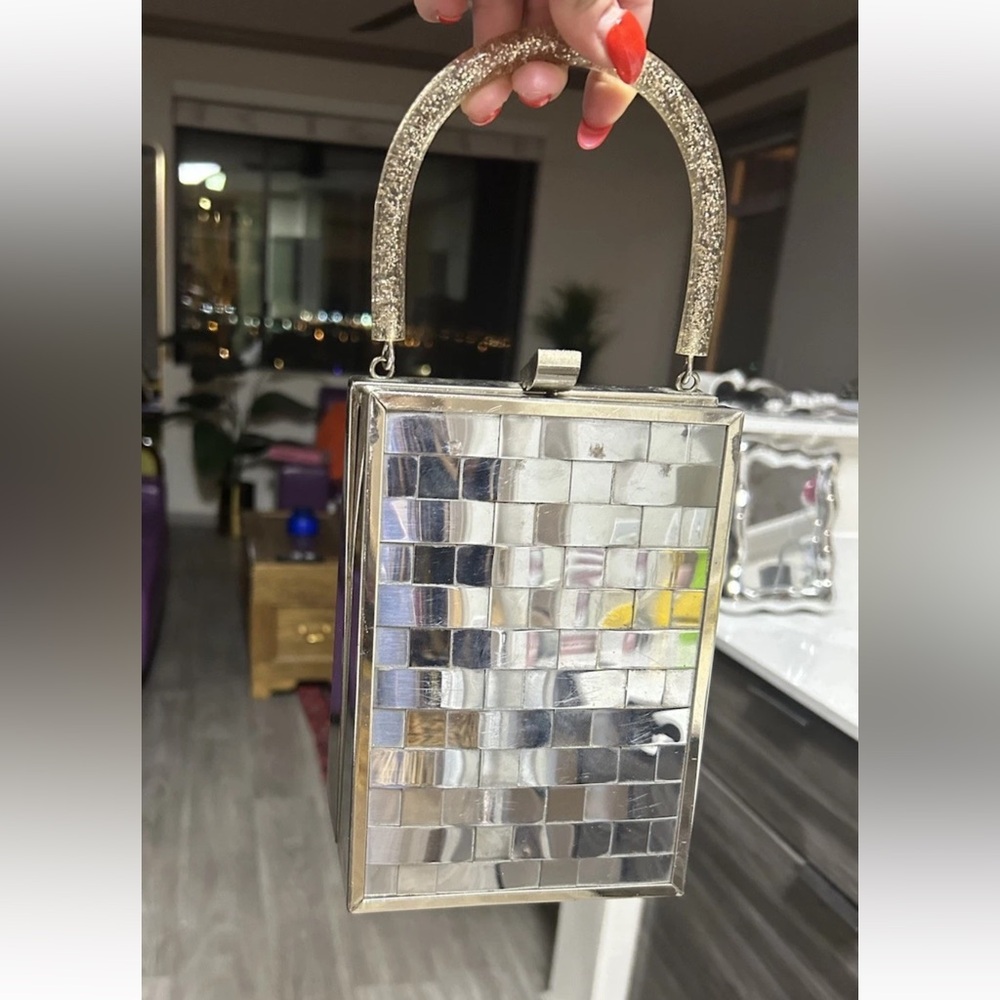 1950s Vintage Dorset Rex Lattice Chrome Box Bag With Confetti Lucite Handle - Picture 7 of 15